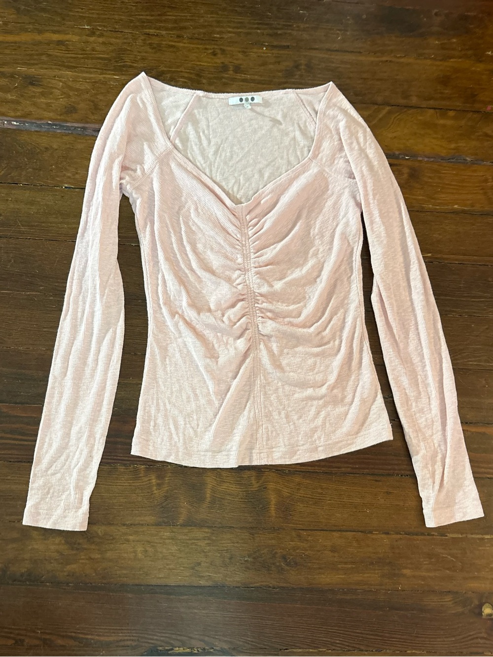 Three dot pink long sleeve ruched ribbed light top shirt size S